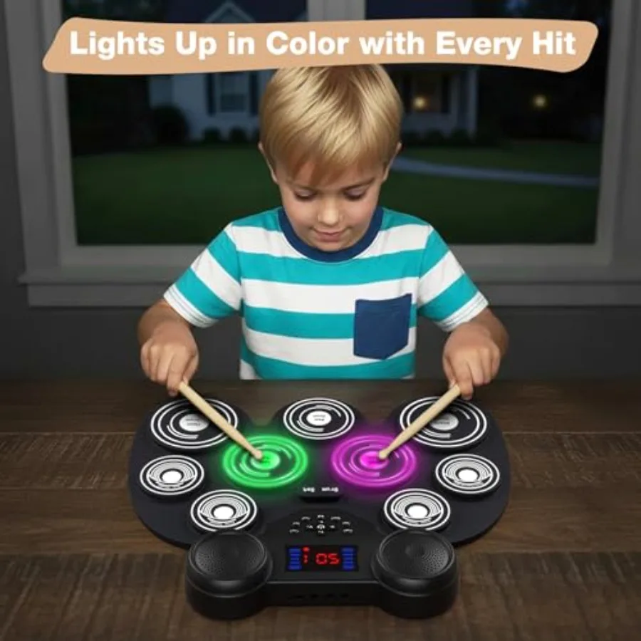 Electric Drum Set for Home Practice: ABS Plastic, Black/Red, 7 LED Light Patterns, Enhanced Rebound Feel, Bluetooth MIDI, 9 Pad