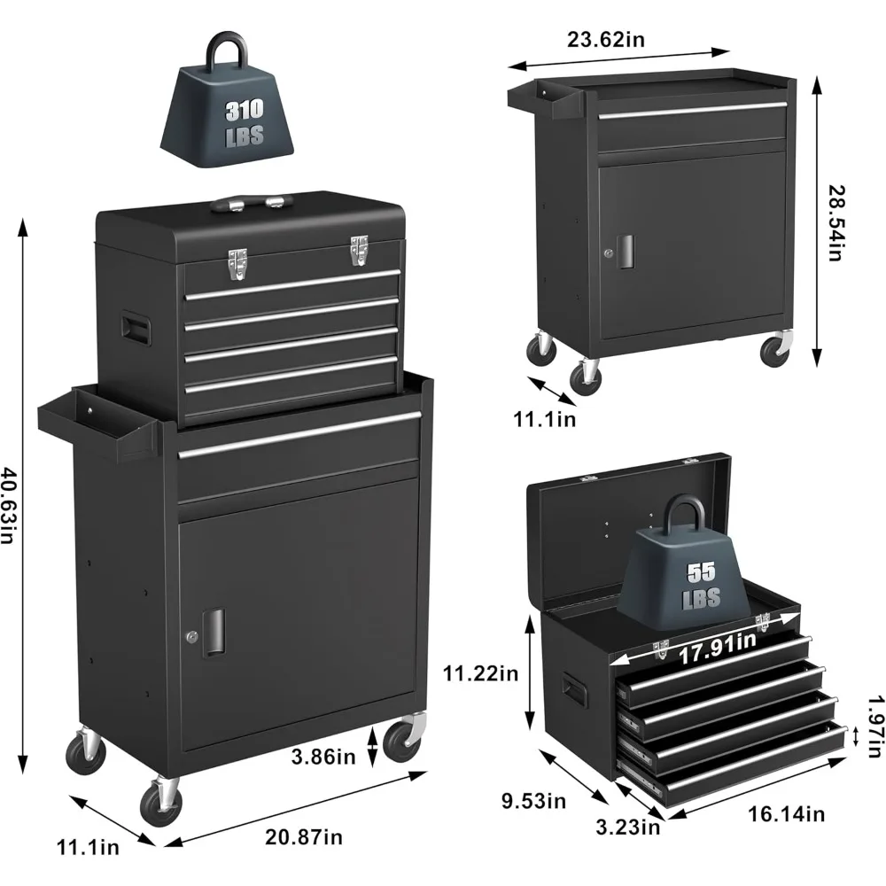 2-in-1 Detachable Metal Tool Storage Cabinet, Drawer High Capacity Rolling Tool Chest, Liner, Lockable Wheels, Locking Mechanism