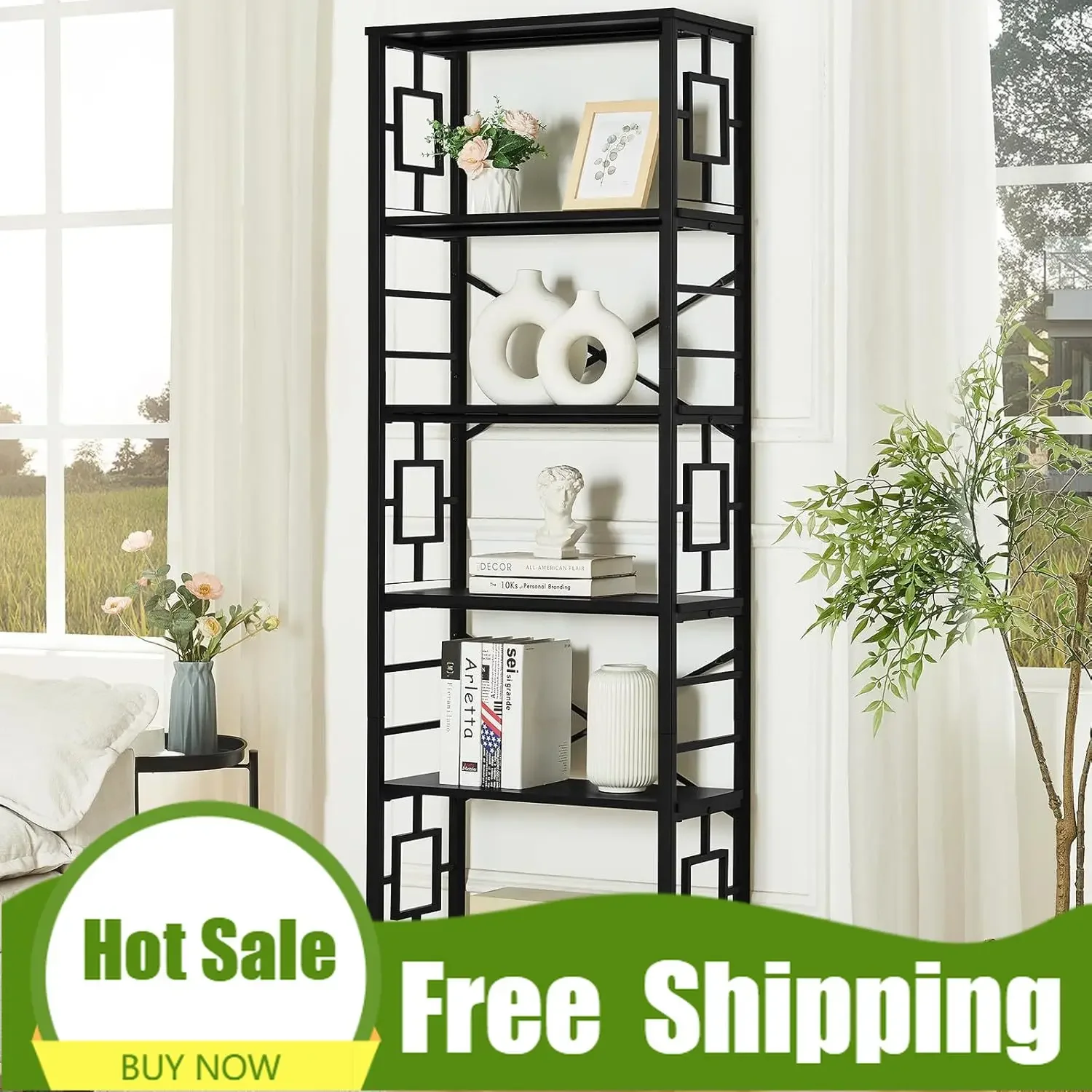 베스트셀러, 지금 구매하세요! 프리미엄 대형 책장, 금속 프레임과 개방형 선반이 있는 산업용 책장, 6단 금속 책장