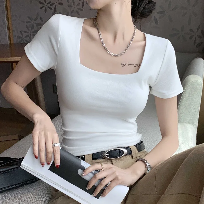 Women's Square Neck Short Sleeve T Shirt Spring Summer White Crop Top Cute Sexy Fit