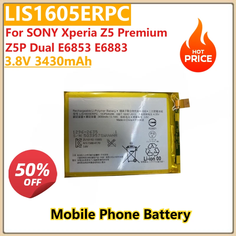 

100% New 3.8V 3430mAh Mobile Phone Battery LIS1605ERPC for SONY Xperia Z5 Premium Z5P Dual E6853 E6883 High Quality