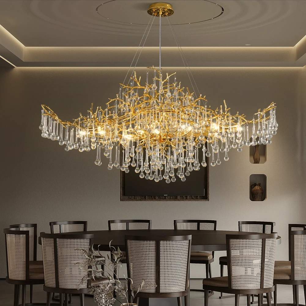 Gold Crystal Chandeliers Luxury Dining Living Room Kitchen Table Tree Branch Crystal Hanging Chandelier Lighting