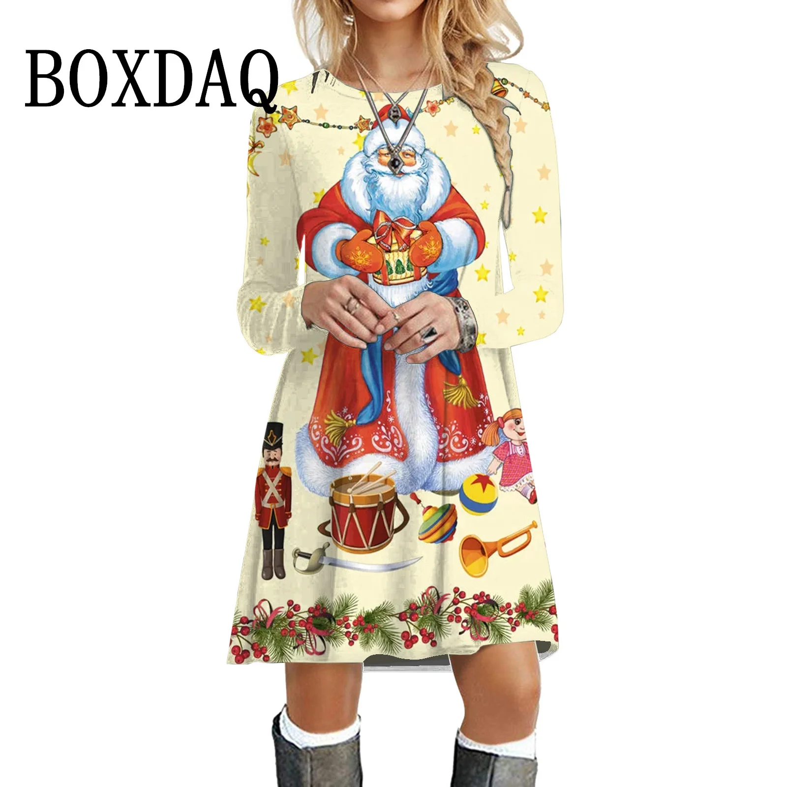 Christmas Women Long Sleeve Dress 3D Santa Claus Christmas Print A-Line Dress Winter Oversized Party Dresses Woman Clothing 2023