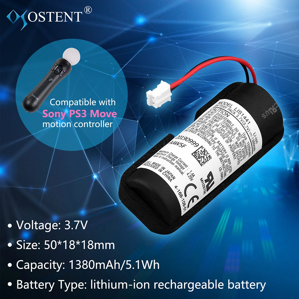 OSTENT-LIS1441 بطارية ليثيوم قابلة للشحن ، 3.7 فولت ، 1380 مللي أمبير ، لسوني بلاي ستيشن 3 ، PS3 ، وحدة تحكم الحركة ، اليد اليمنى
