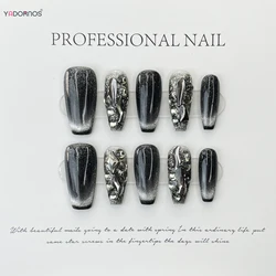 10Pcs Black Handmade Press on Nails Glitter Cat's Eyes Fake Nails Square Head Manicure Wearable False Nails Tips for Women Girls