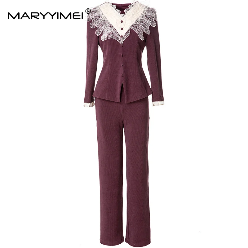 

MARYYIMEI Vintage Long Sleeve Button Appliques Tops+Solid Straight Pants Two-piece set Elegant Office and Business Suit