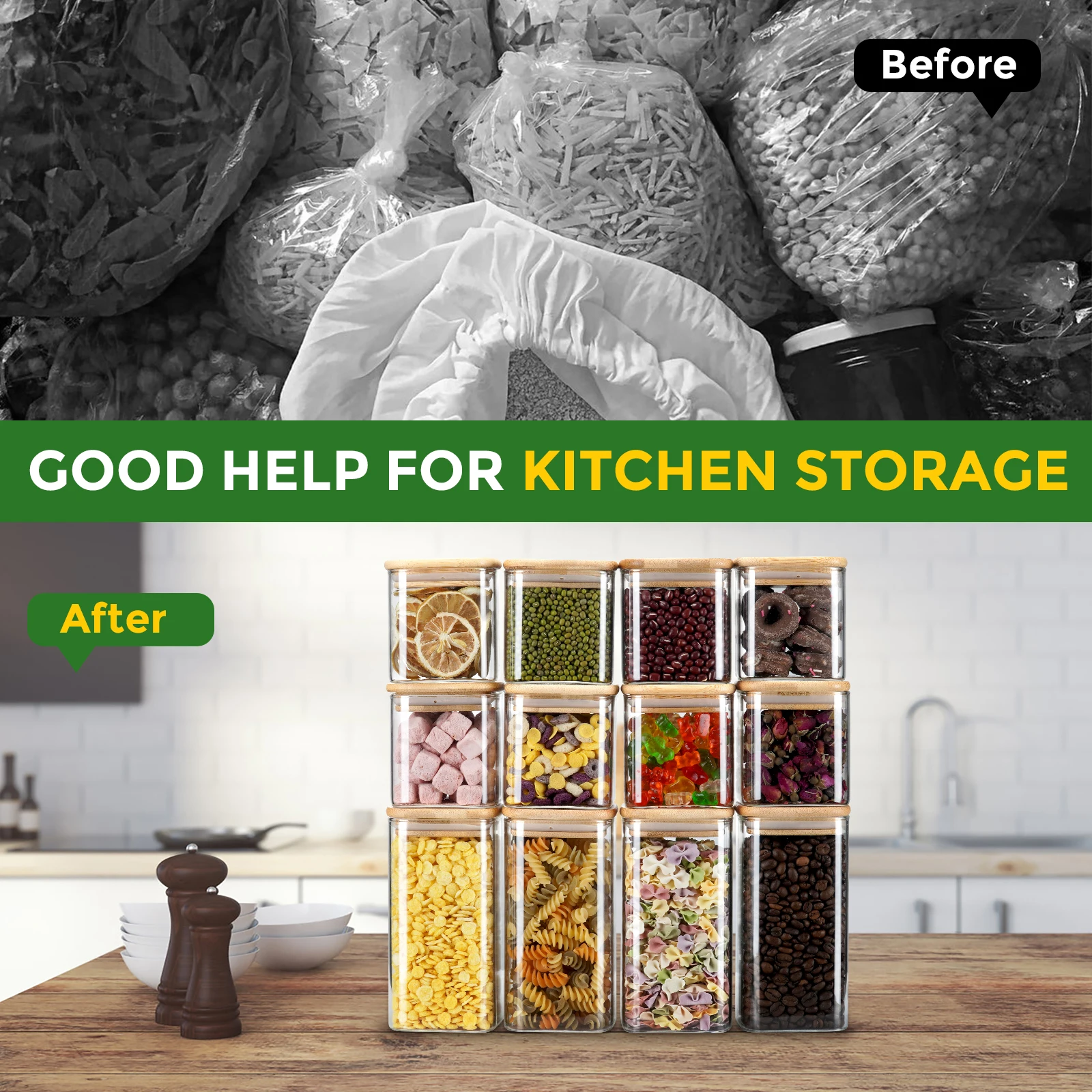 12Pcs Square Glass Food Storage Jars 430ml/600ml Bamboo Lid Transparent Sealed Stackable Canisters for Kitchen Organization 4