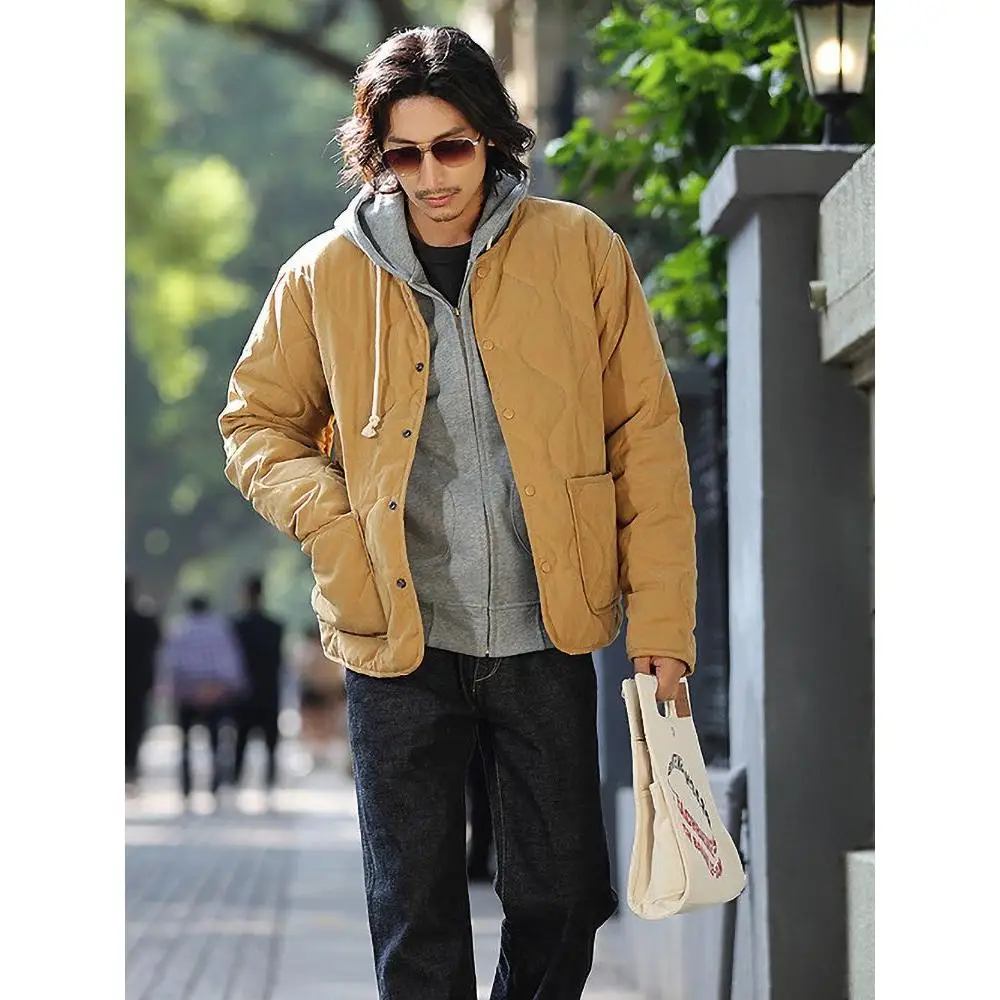 

Мужская зимняя стеганая хлопковая рабочая одежда Jaet, пальто в американском стиле ретро без воротника, теплое пальто из полиэфирного волокна, длинное све, стандартная посадка