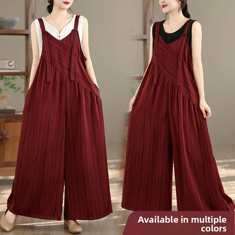

Loose Casual V-Neck Overalls Women Summer Vintage Slimming Red Straps Pants Wide Leg One-Piece Suit Polyester Fiber