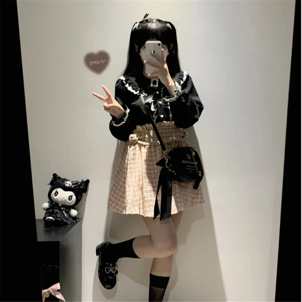 Jirai Kei Peter Pan Collar Japan Blouse Y2K Long Sleeves Lolita Crop Top Sweet Patchwork Bow Spring Kawaii Vintage Lace Jk Shirt