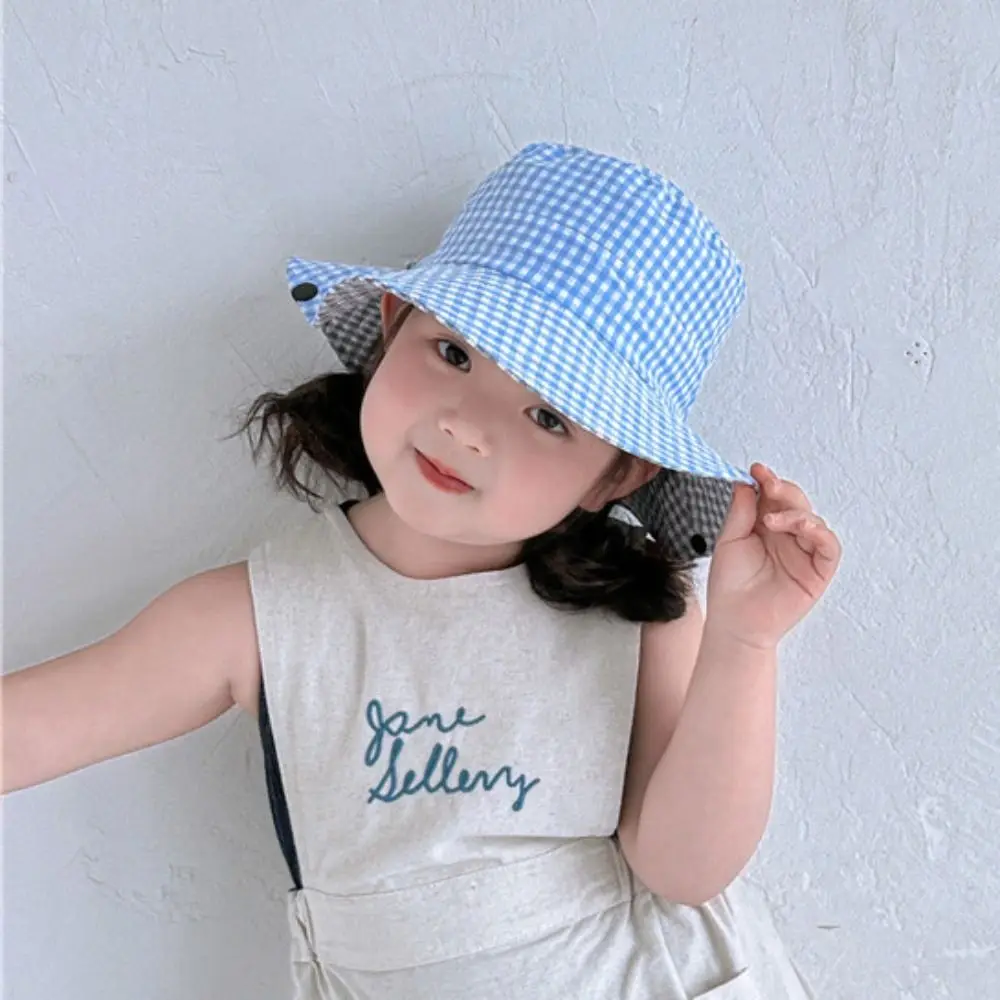 

Soft Drawstring Boys Girls Bucket Cap Lattice Double Sided Children Fisherman Hat Casual Anti-UV Baby Sun Hat Outdoor