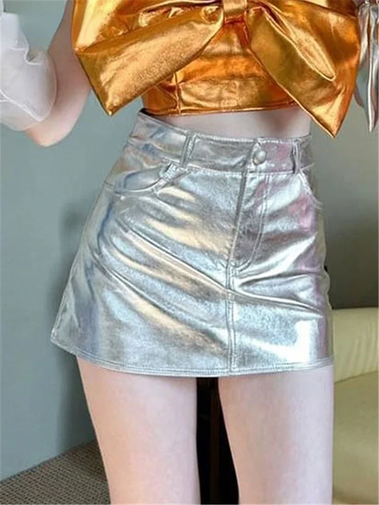 Summer Autumn Pink Silver Reflective Shiny Patent Leather Mini Skirts for Women High Waist A Line Short Sexy Y2K Clothes