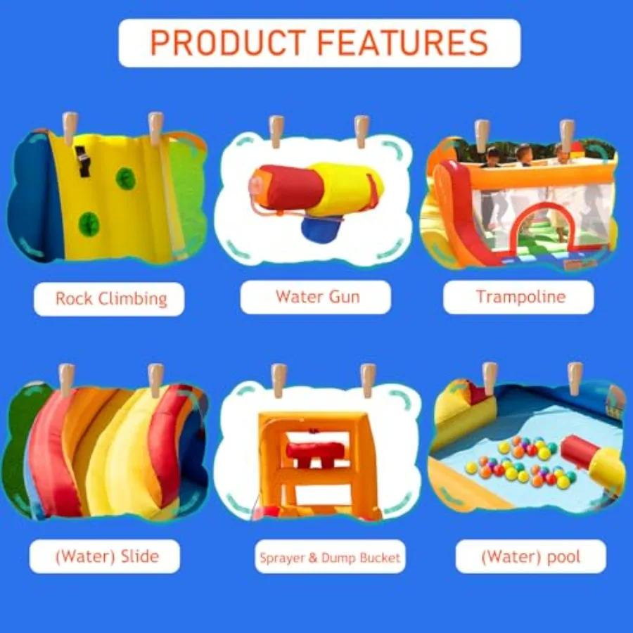 Inflatable Water Slide Bounce House for with Pool, PVC Blue Yellow, 5-in-1 Indoor/Outdoor Blow Up Play Center with Blower Inclu view 5