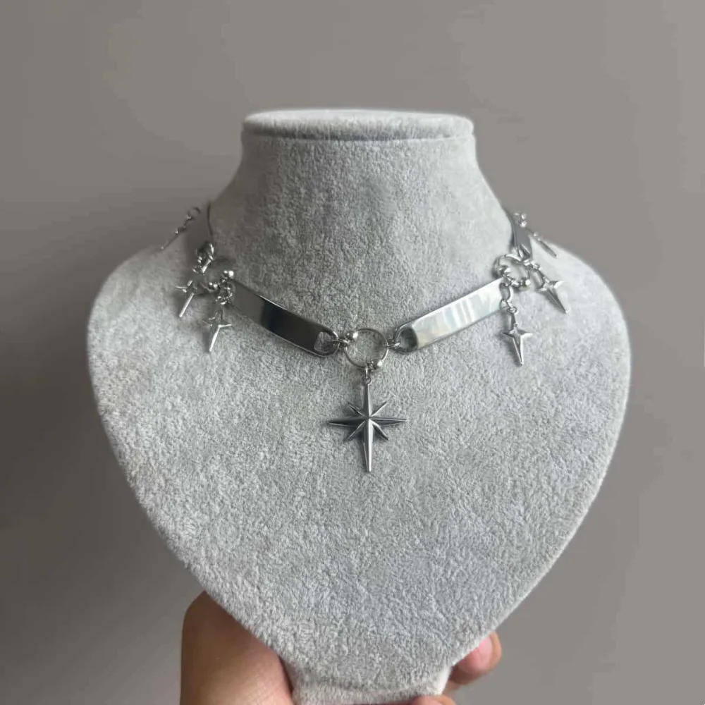 Gothic Y2K Simple Thick Chain Paired Stereo Star Pendants Necklace for Women Hip-hop Punk Music Festival Jewelry Accessories