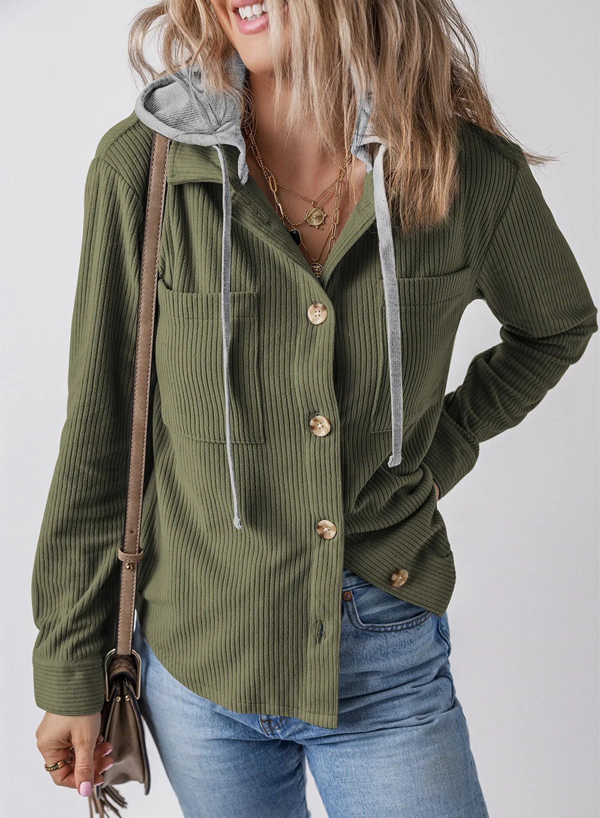 Women Long Sleeve Jacket Trendy Hooded Drawstring Button Down Shirts Casual Pockets Lapel cardigan striped coat for women