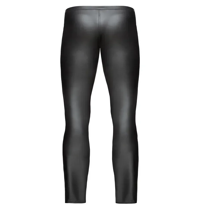 Wetlook-pantalones negros de cuero PU para hombre, pantalón de Patchwork con cremallera frontal abierta, pantalones vaqueros de Moto, ropa de club