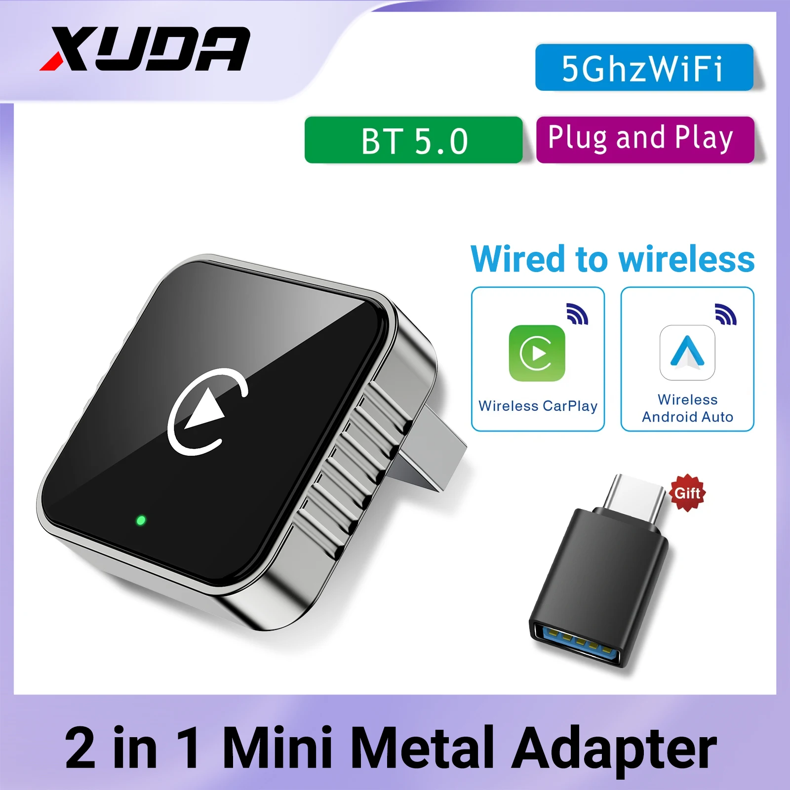 Adaptador CarPlay Sem Fio para iPhone - Mini Plug & Play Auto Connect, 5GHz WiFi Baixa Latência iOS 10+ Compatível com CarPlay Com Fio