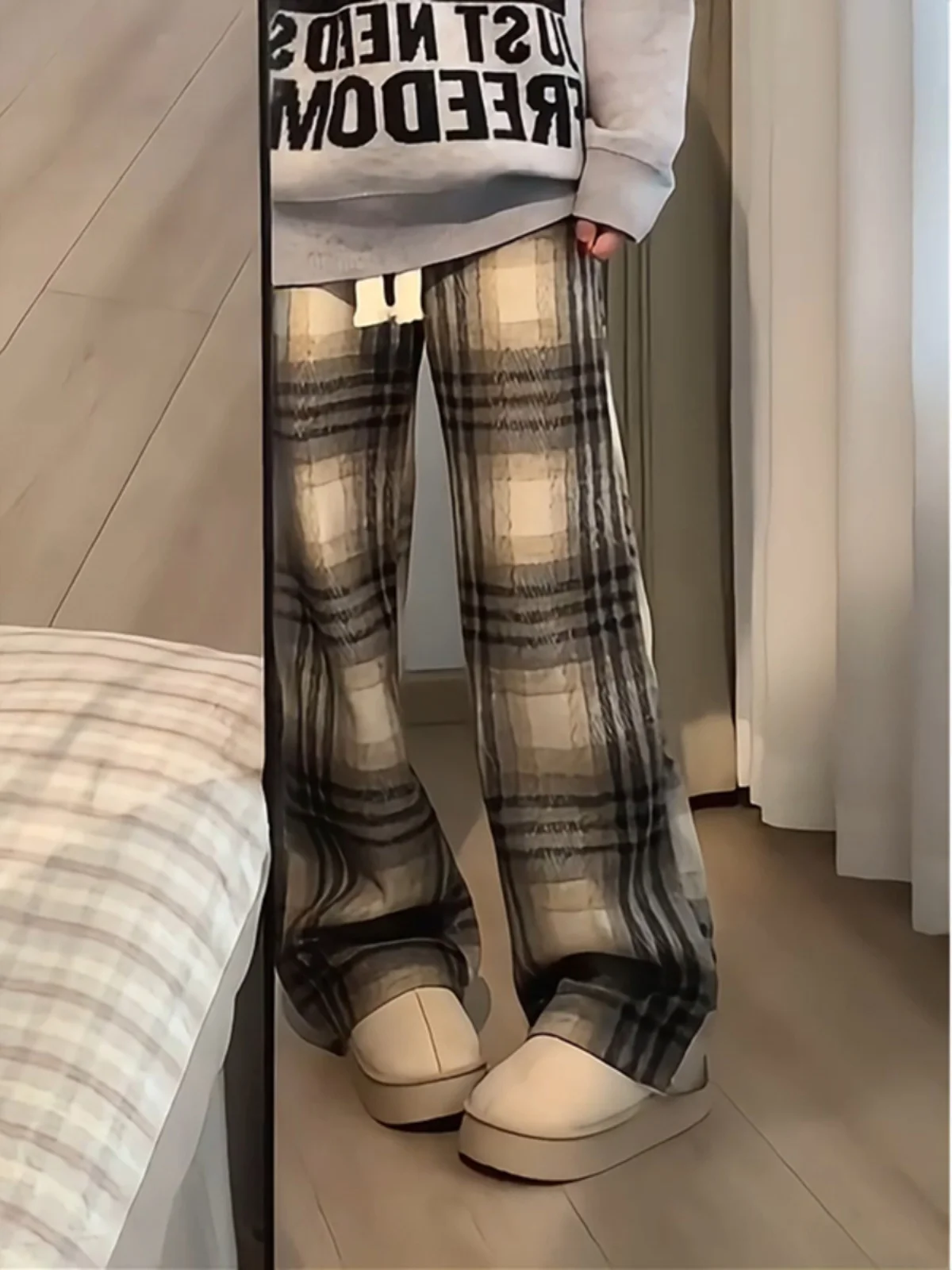 

Thiened Plaid Straight Leg Casual Pants Men's Winter Vintage Wide Leg Woolen Sweatpants Faionable Youth Active Sle