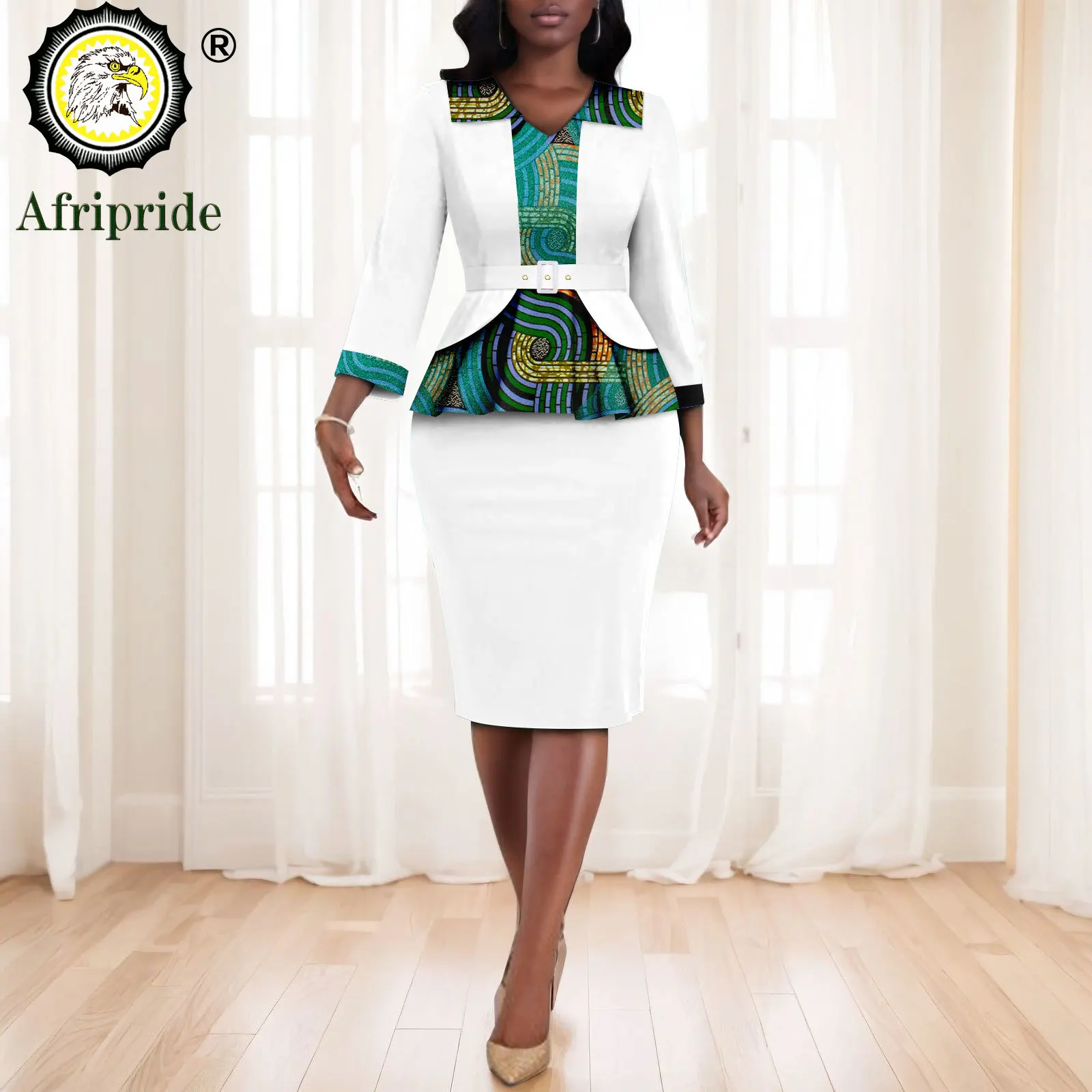 African Clothes for Women Full Sleeve High Waist Shirts with Belt and Skirts 2 Piece Set Print Outfits Elegant Attire 2526031