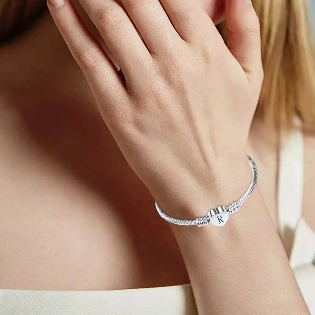 Electroplated Bracelet Silver Heart Cuff Bracelet Engraved A-z Letter Titanium Steel Bangle Birthday Jewelry Gift for Women