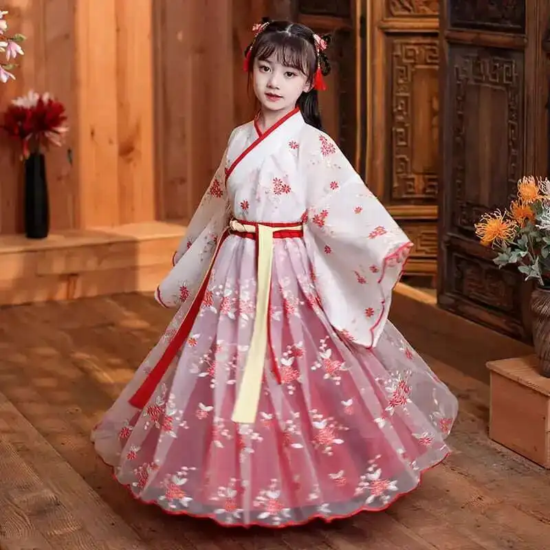 Chinese Zijden Gewaad Meisjes Kinderen Kimono China Traditionele Vintage Etnische Antieke Jurk Danskostuum Cosplay Hanfu Set