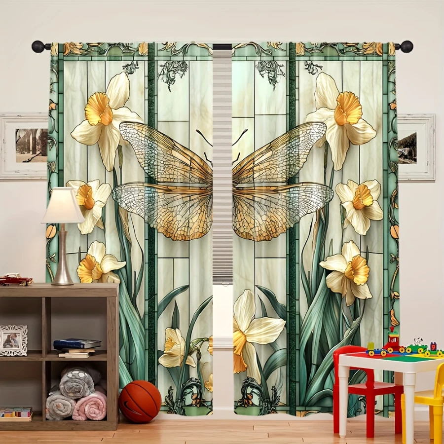 2PCS Digital Print Sheer Curtain, Stained Glass Yellow Flower Dragonfly, Vintage Style Window Treatment for Home Decoration