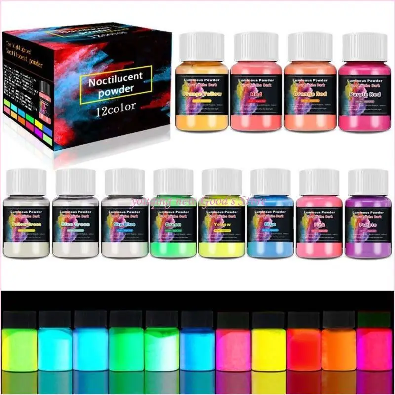 57QA 12 لون مسحوق مضيء يتوهج في الظلام مسحوق صباغة للراتنج الفن الوحل مسمار الفن الاكريليك الطلاء وصنع الحرف اليدوية