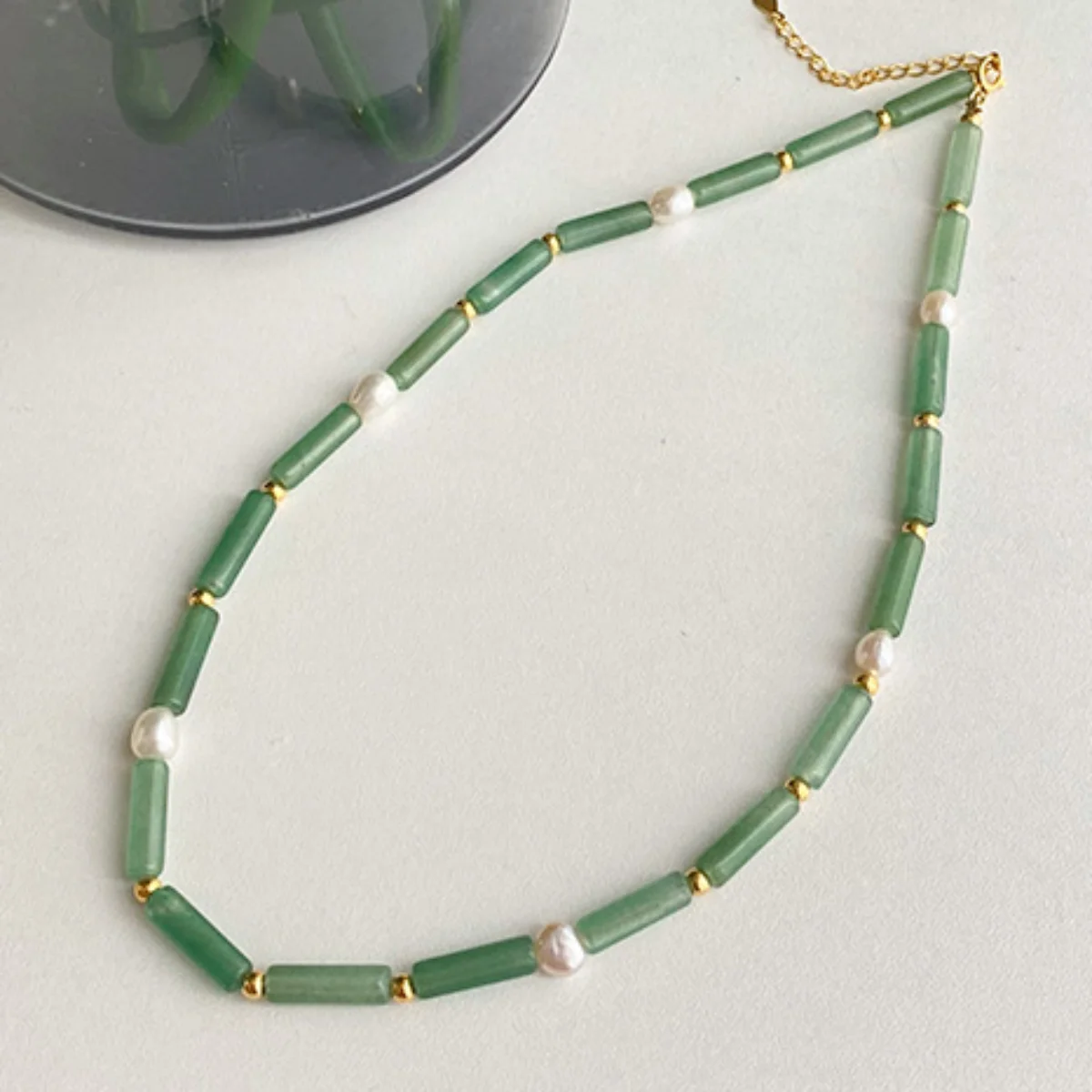 5x13mm Bamboo-Shape Aventurine Jade Round Tube Natural Stone &Pearl Necklace Women Alloy Beads Ancient Style Fashion Jewelry