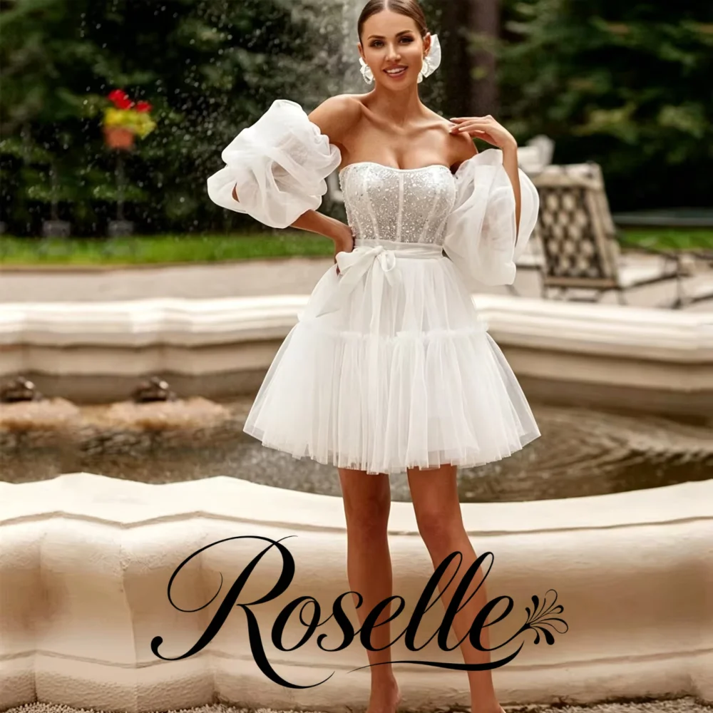Off Shoulder Puff Sleeves Tulle Short Wedding Dress Beaded Corset Tiered Bridal Gown Romantic Elopement Party Dress For Women