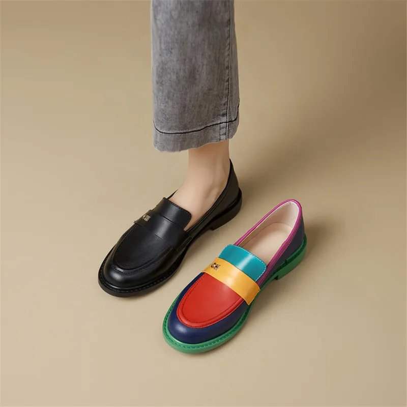 NEW Spring Women Shoes Fashion Rainbow Shoes Women Loafers Round Toe Chunky Shoes for Women Versatile Women Pumps Zapatos Mujer