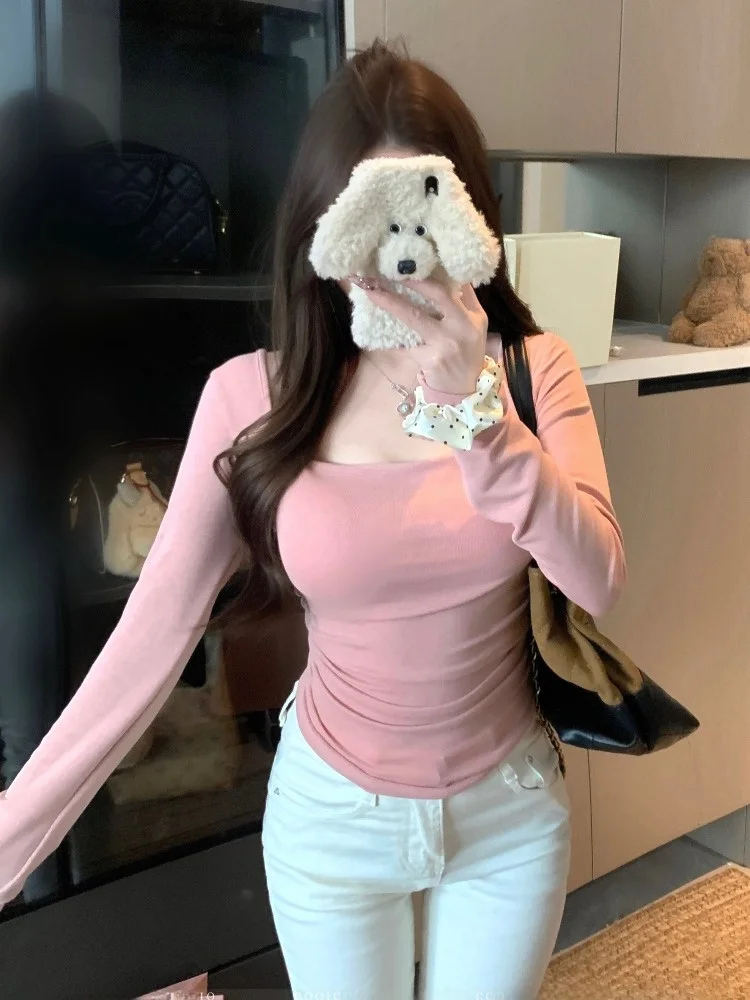

Casual Long Sleeve T-Shirt Women's Slim Fit Square Collar Autumn Winter Waist Cinched Pleated Base Shirt Top for City Walk