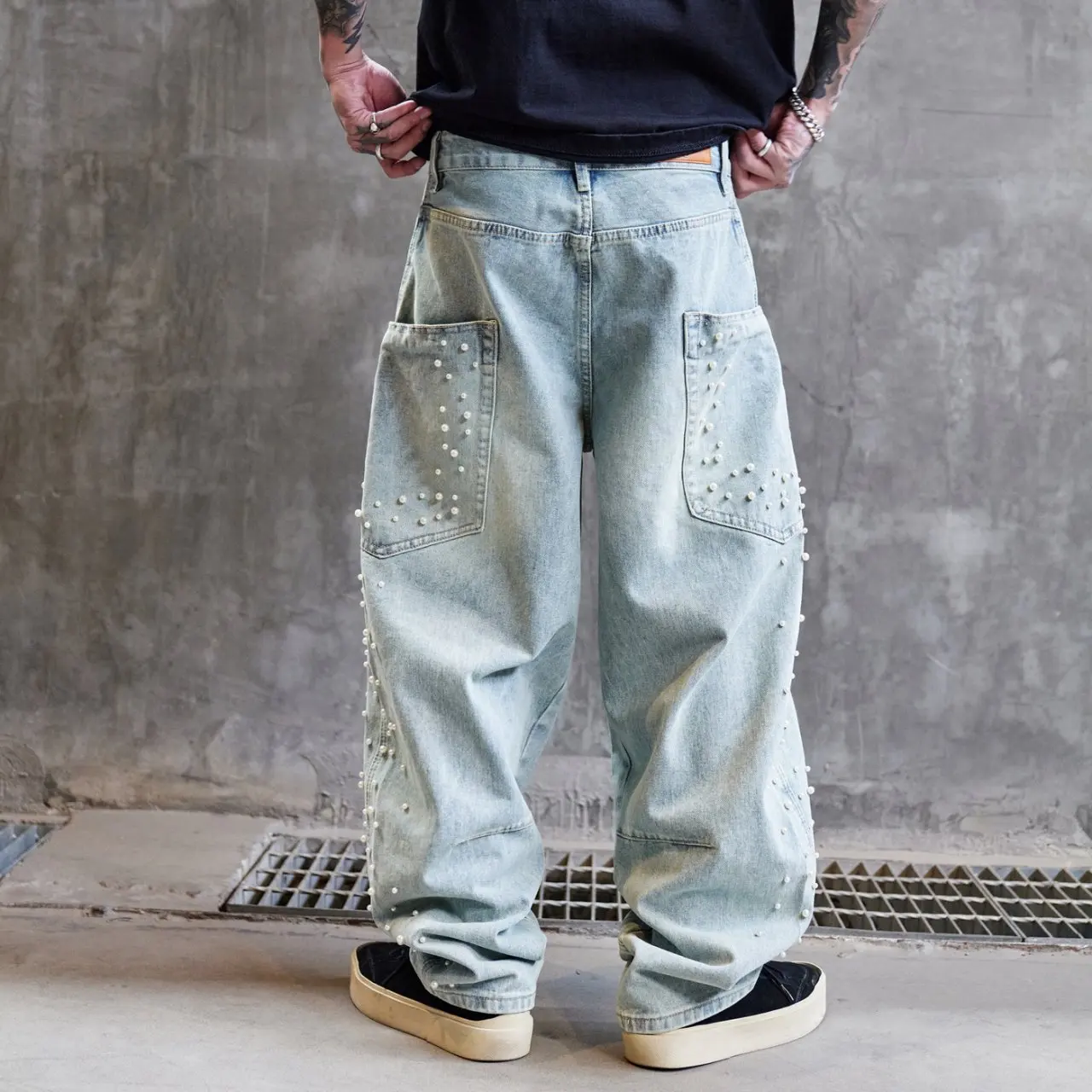 Beading Baggy Jeans Men Streetwear Fashion Hip Hop Loose Casual Wide Leg Straight Denim Cargo Jeans Pants Y2k Harem Trousers