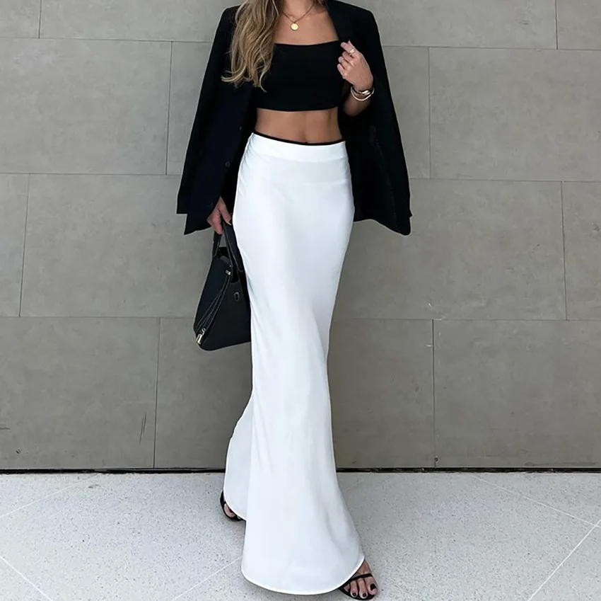

Elegant Solid Color Skirt For Women Spring Autumn Fashion New Slim Package Hip Fishtail Skirt Casual Satin Long Skirt