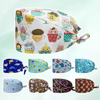 Bonito Dos Desenhos Animados Impresso Enfermeira Cirúrgica Hat, Senhoras Pet Hospital Cirurgião, Dentista, Salão de Beleza Chef Trabalhando Respirável Scrub Cap, Novo