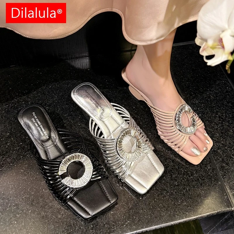 

Dilalula 2025 модные женские сабо из натуральной кожи с узким ремешком и стразами, тапочки на среднем странном каблуке, вечерние для свиданий для женщин