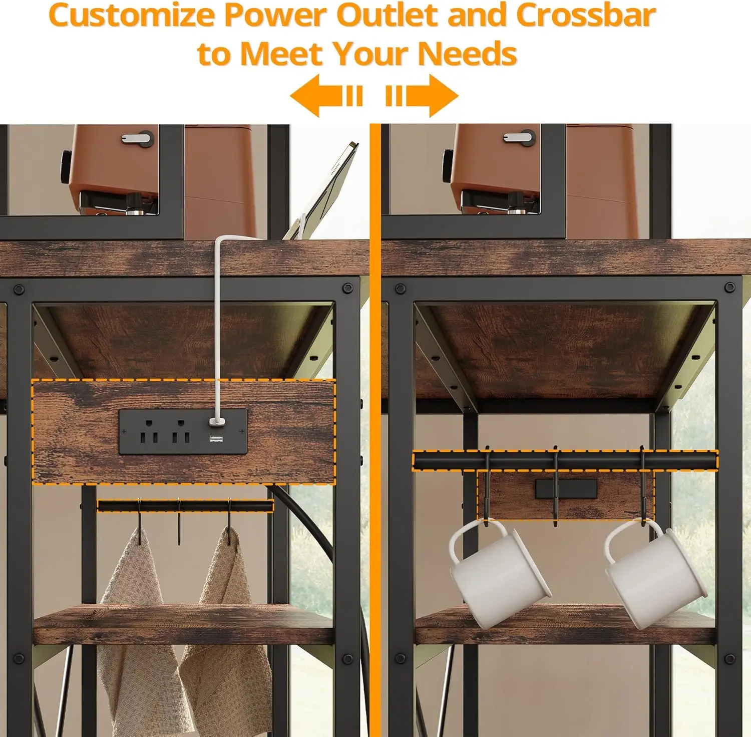 جزيرة المطبخ مع البراز، مجموعة طاولة الطعام، طاولة القهوة الصناعية، 10 خطافات، بني عتيق