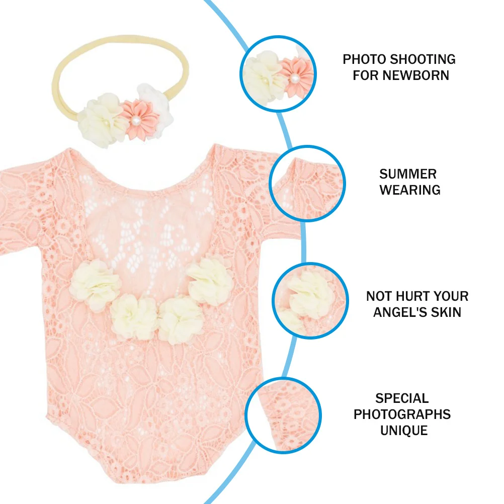 ثوب فضفاض من الدانتيل للأطفال حديثي الولادة، فستان وردي اللون، ملابس للتصوير الفوتوغرافي اللامع، رومبير ناعم ومريح وعصابة رأس #1