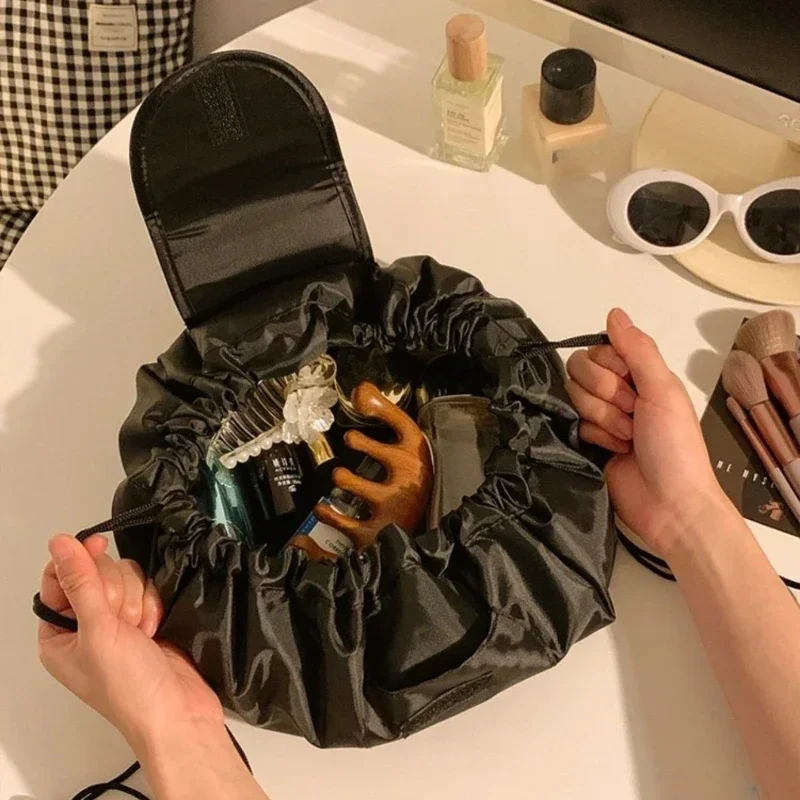 1pc Black Lazy Makeup Bag Toiletry Wash Pouch Clothes Drawstring Storage Handbag Travel Portable Cosmetic Case Organizer Bags