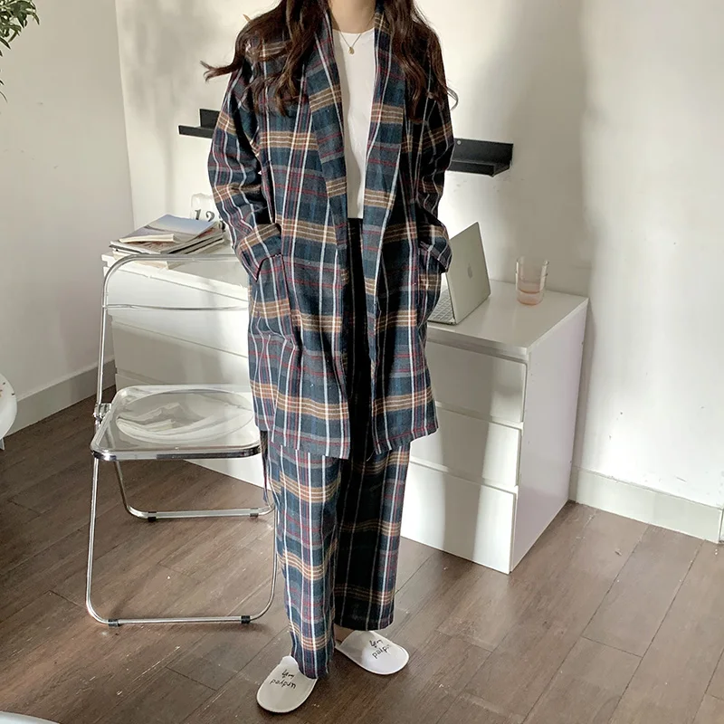 Plaid Print Autumn Two Piece Home Suit Women Couple Lovers Vintage Pajamas Set Cotton Nightgown Suit Elegant Soft Cotton