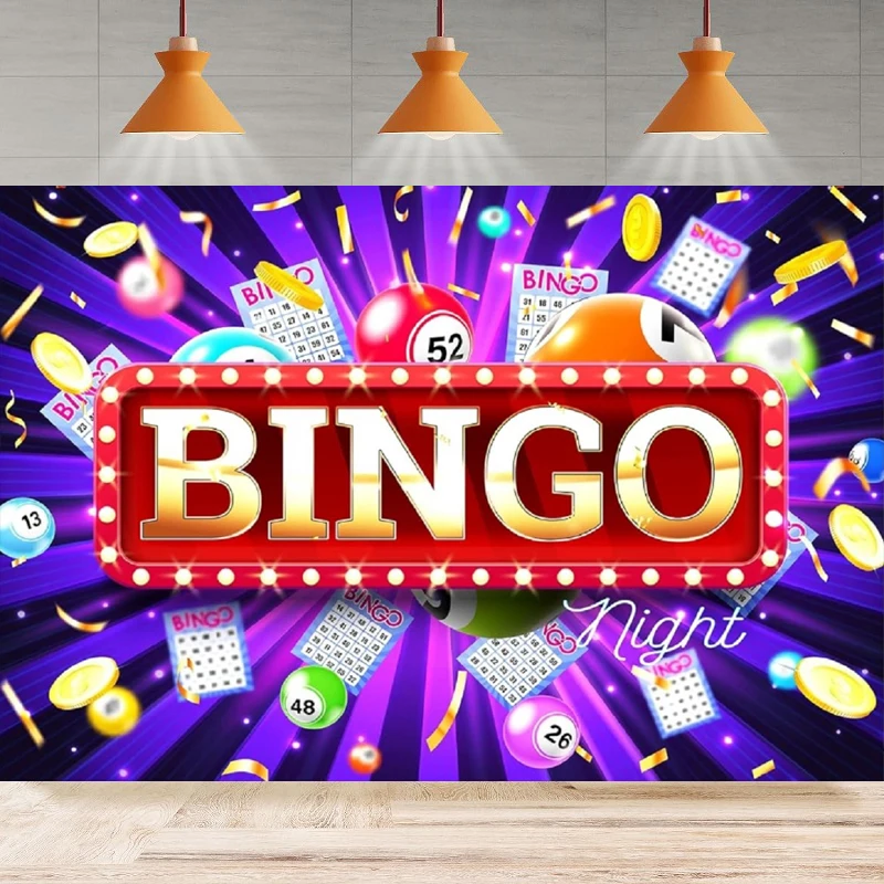 Bingo Night Photography BackgroundCasino Neon Gold Coins Game Billiard Star Blue Purple Ray Party Backdrop Wall Banner Decor