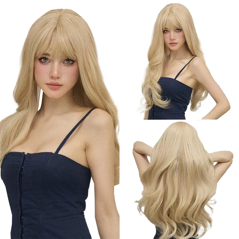 

A 26-Inch Golden Bangs Wavy Synthetic Wig Is Suitable For Women'S Daily Party Cosplay Halloween Fashion And Natural Hair