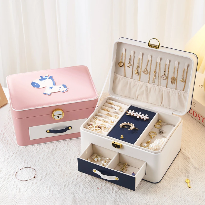 Cartoon Cute Pony Print Multi-Layer Jewelry Box Large Capacity With Lock Jewelry Ring Necklace Hairpin Jewelry Storage Box