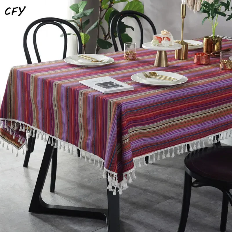 

Bohemian Quality Dining Tablecloth Colourful Cotton Stripe Print Table Cloth Tassels Home Kitchen Banquet Table Cover