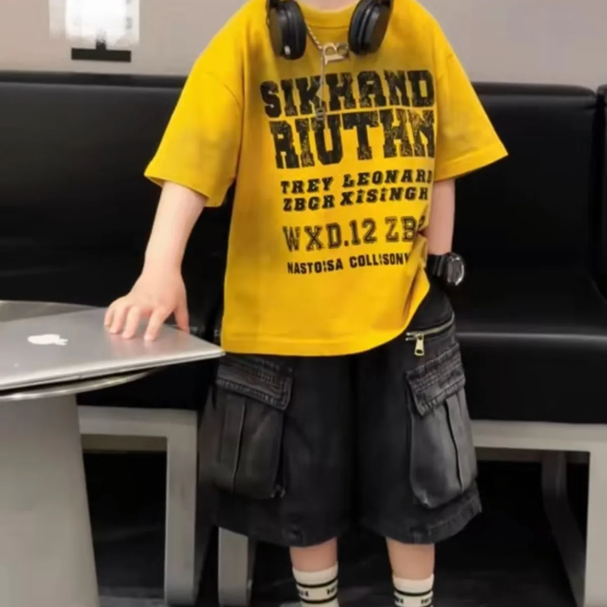 Children's Summer Set 2026 New Boys' Fashion Printed Short Sleeve T-shirt+Cowboy Shorts Two Piece Set