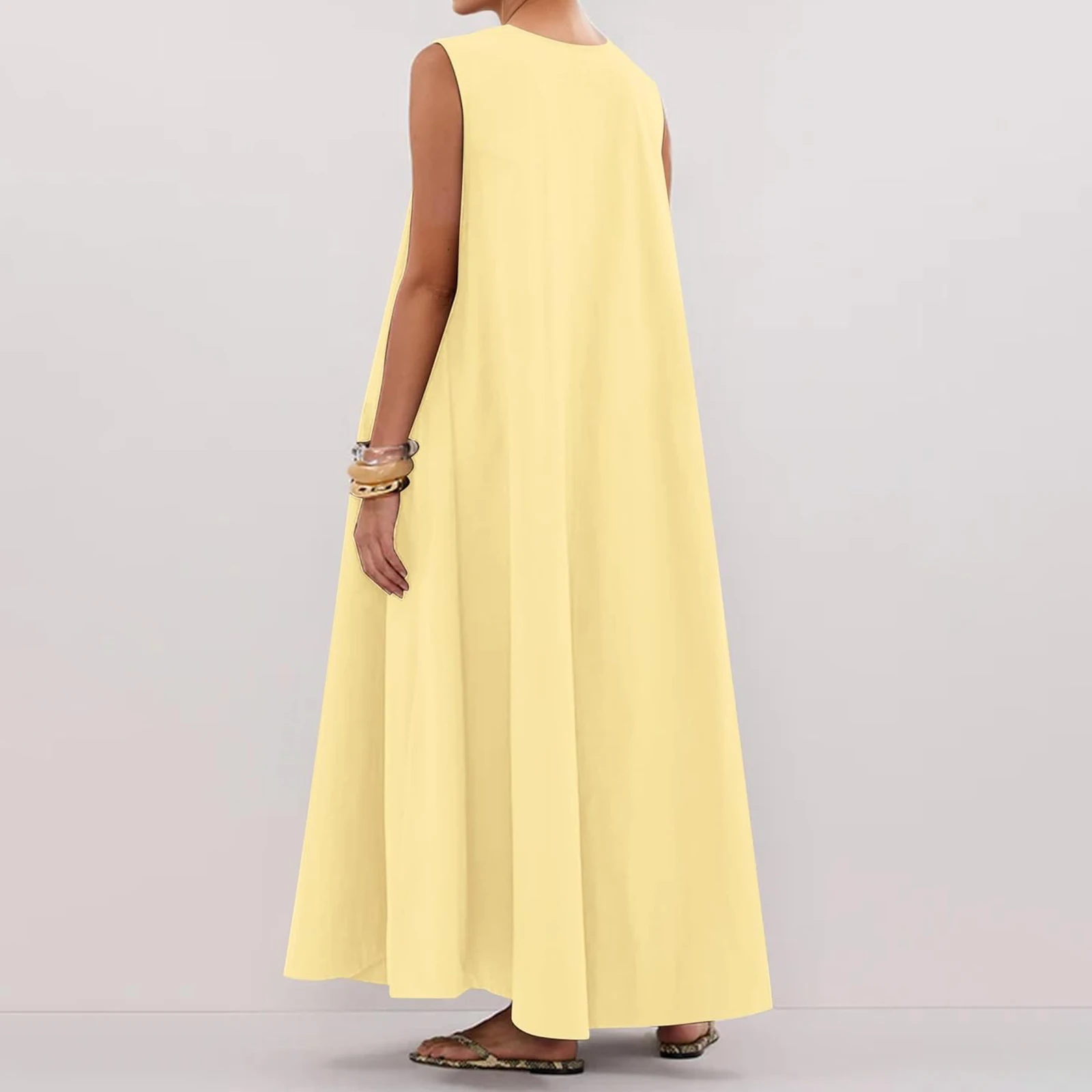 Nowa Modna Damska Letnia Długa Sukienka na Ramiączkach, Jednolity Kolor, Bez Rękawów, Dekolt Okrągły, Marszczenia, Szerokie Ramiona, Luźna Sukienka