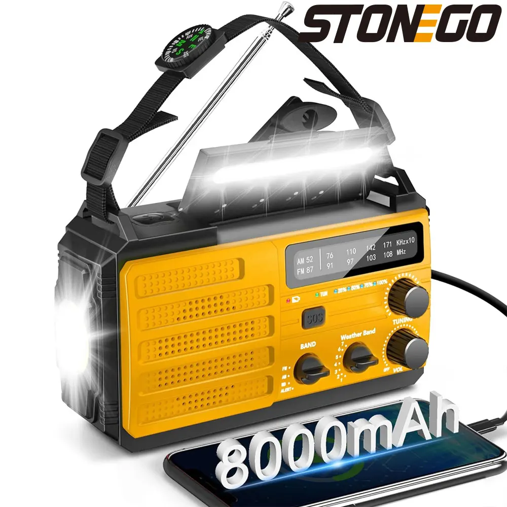 Rechargeable Battery Powered Radio Hand Crank Portable Solar Emergency Weather Radio Flashlight, USB Charger, AM/FM/WB/SOS