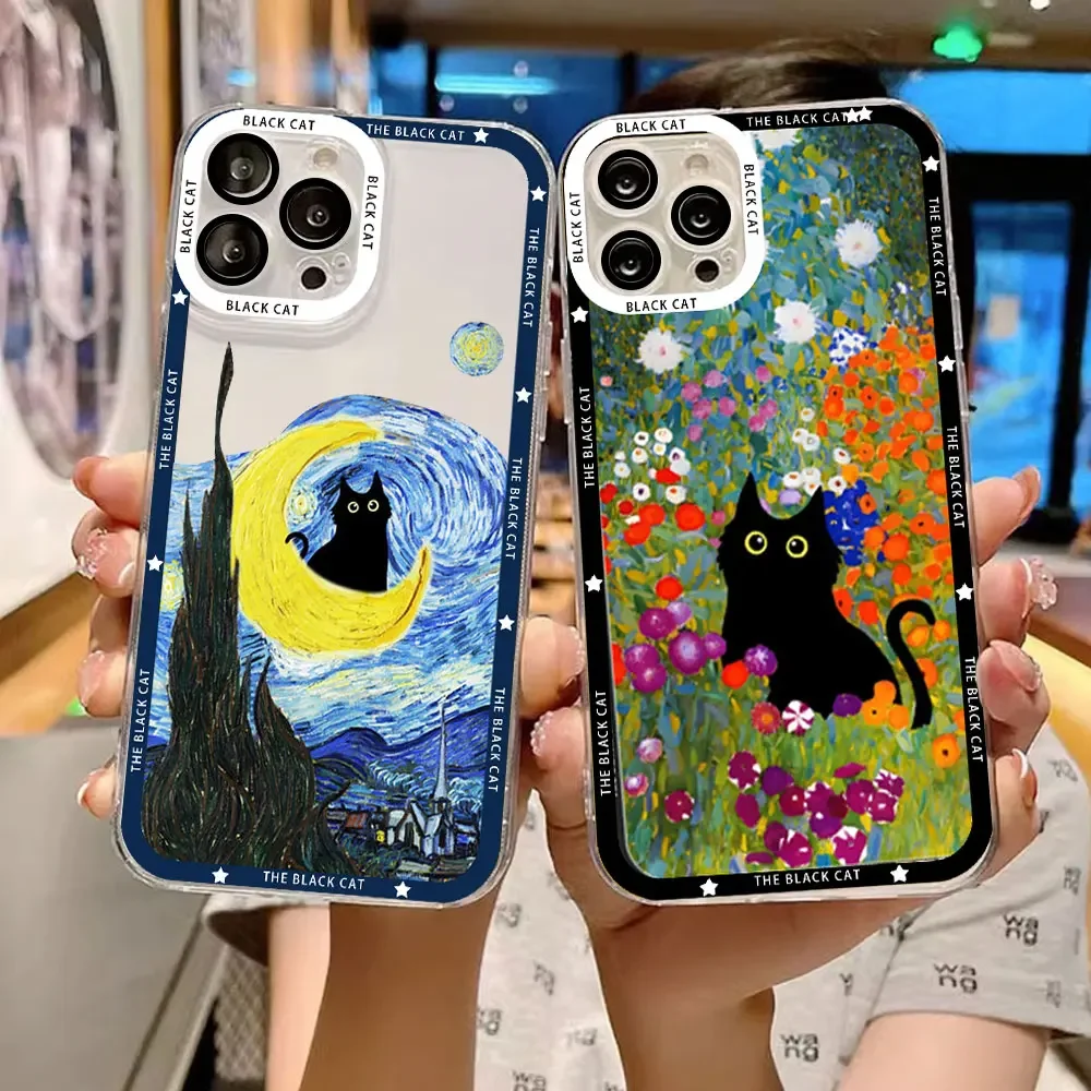 Retro Oil Painting Van-Gogh Cat Phone Case for IPhone 15 13 12 11 Pro Max Mini 14 7 8 Plus SE20 X XS XR Soft Clear Covers Fundas