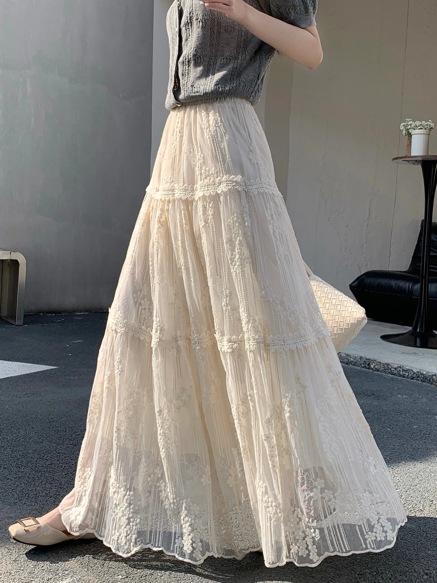 

High Waist A-Line Skirt Cake Lace Mesh Women Spring Summer New Style Slimming Versatile Long Skirt Korean Style Polyester Fiber