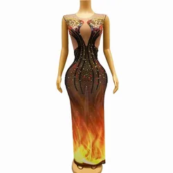 Sexy Stage Black Gold Red Fire Pattern Rhinestones Sleeveless Dress Stretch Outfit Dance Show Nightclub Costume Party Dress