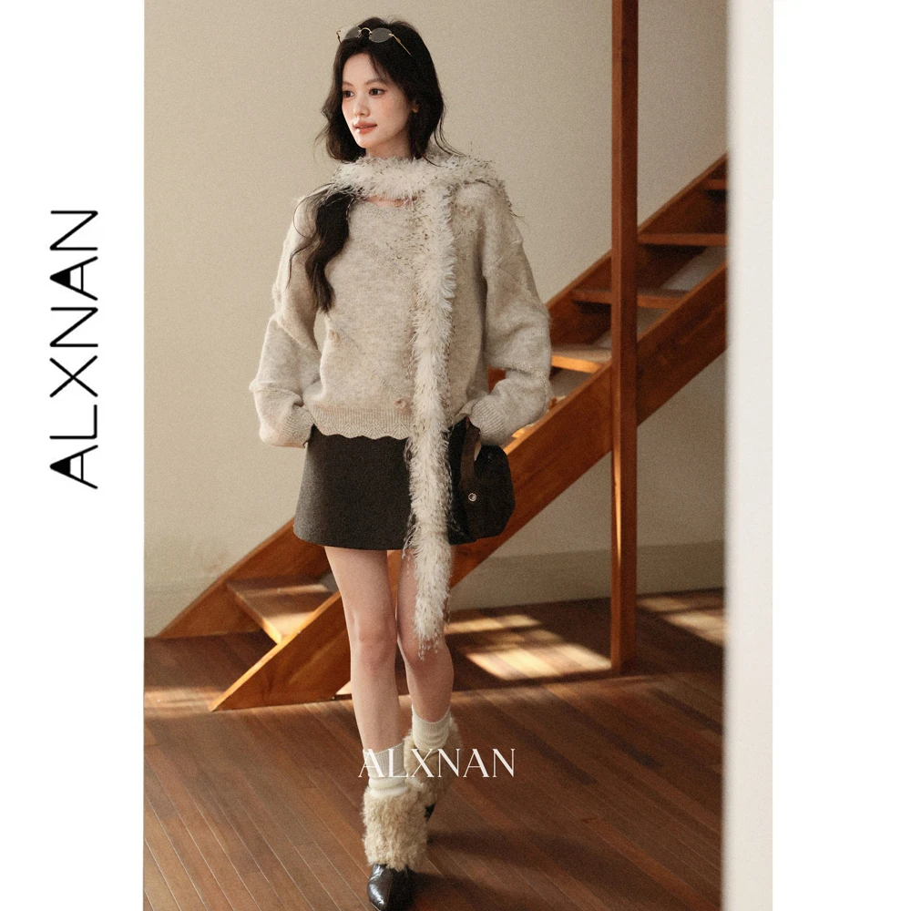 ALXNAN Apricot Sweater for Women Autumn Winter New Wavy Lace Design Loose-fit Elegant Pullover Long Sleeve Top Female L68618